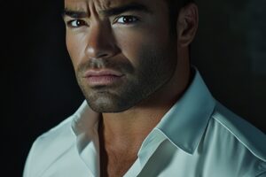 A dramatic close-up portrait of a man in his late 30s resembling JD Vance, with short dark brown hair, clean-shaven face, and a white dress shirt, seen in a dramatic half-body portrait. He is frozen in fear, eyes wide and sharply turned to his left without moving his head, as if sensing something behind him. His mouth is slightly open in shock. Harsh shadows carve his face, and a sharp beam of light cuts across his eyes in classic Hitchcock lighting. Dark, minimal background. Film noir thriller mood. --ar 4:3 --cref https://s.mj.run/p6XuCfOUOKo --v 6.1 Job ID: 299f3eb0-add8-4cfd-8dcd-320a31983a15
